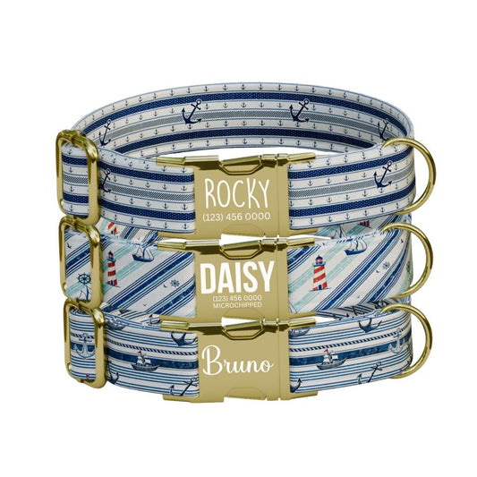Personalized Nautical Dog Collar with Name Engraved Cute and Soft Anchor Adjustable Collar & Leash Set Black Gold Buckle Dog Gift (OG-115)