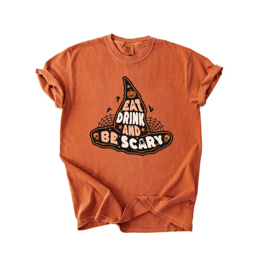 Eat Drink and Be Scary Halloween T-Shirt Comfort Colors Retro Witch Hat Pumpkin Tee Cute Spooky Season Fall Shirt Cozy Scary Season Shirt