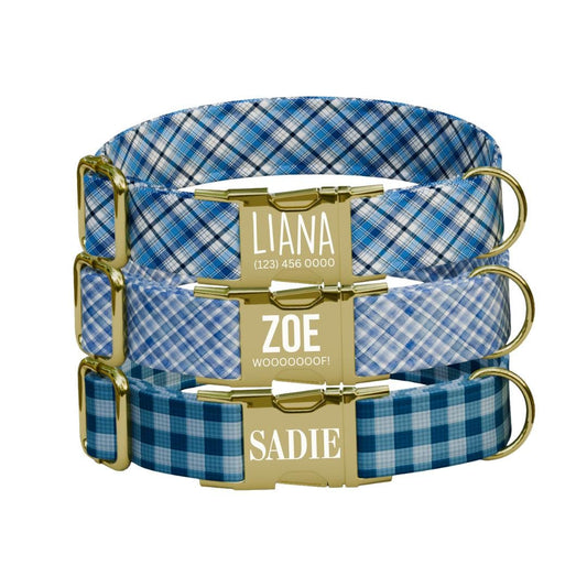Personalized Blue Plaid Dog Collar with Name Engraved, Cute and Soft Adjustable Collar & Leash Set, Black or Gold Buckle, Dog Gift (OG-04)