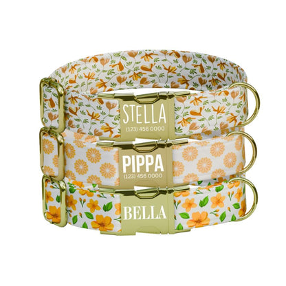 Personalized Orange Floral Dog Collar with Name Engraved Cute and Soft Adjustable Collar & Leash Set, Black or Gold Buckle Dog Gift (OG-109)