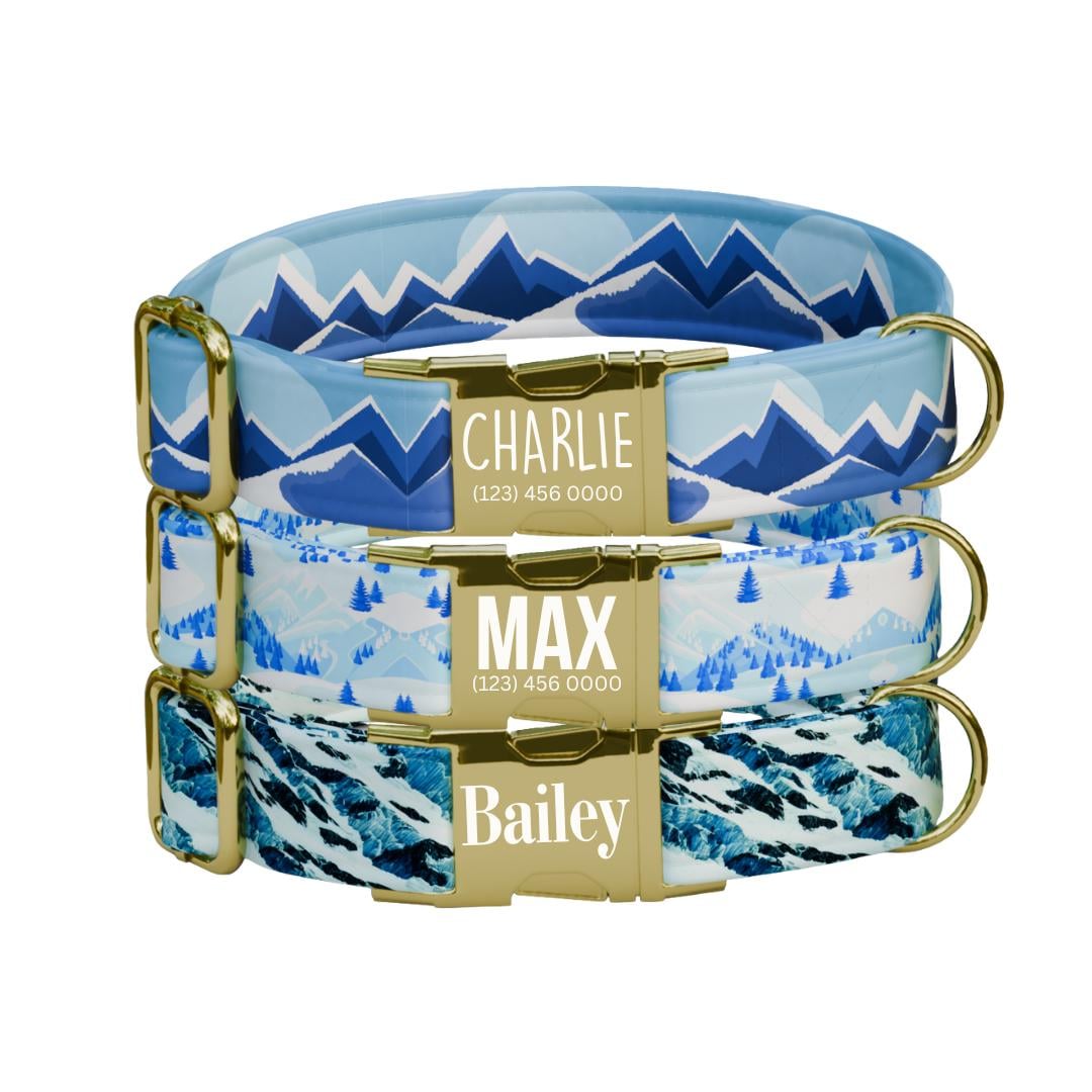 Personalized Blue Mountains Dog Collar with Name Engraved Cute and Soft Adjustable Collar & Leash Set Black or Gold Buckle Dog Gift (OG-102)