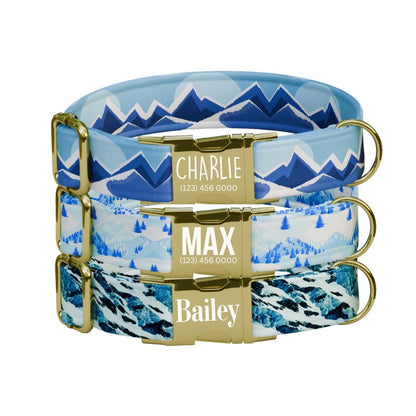 Personalized Blue Mountains Dog Collar with Name Engraved Cute and Soft Adjustable Collar & Leash Set Black or Gold Buckle Dog Gift (OG-102)