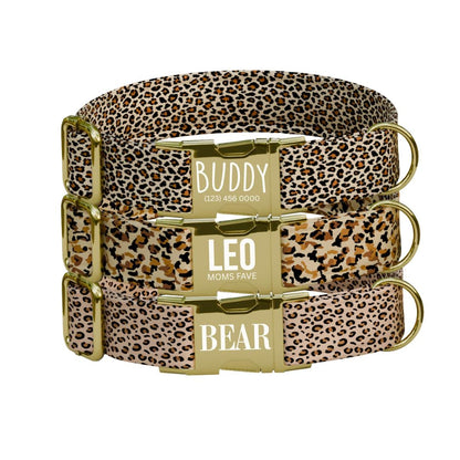 Personalized Leopard Dog Collar with Name Engraved Cute and Soft Animal Adjustable Collar & Leash Set Black or Gold Buckle Dog Gift (OG-101)