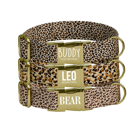 Personalized Leopard Dog Collar with Name Engraved Cute and Soft Animal Adjustable Collar & Leash Set Black or Gold Buckle Dog Gift (OG-101)