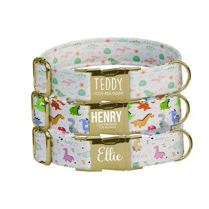 Personalized Dinosaur Dog Collar with Name Engraved Cute and Soft Dino Adjustable Collar & Leash Set Black or Gold Buckle Dog Gift (OG-98)