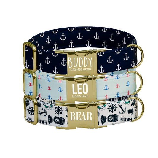 Personalized Nautical Dog Collar with Name Engraved Cute and Soft Anchor Adjustable Collar & Leash Set Black or Gold Buckle Dog Gift (OG-93)