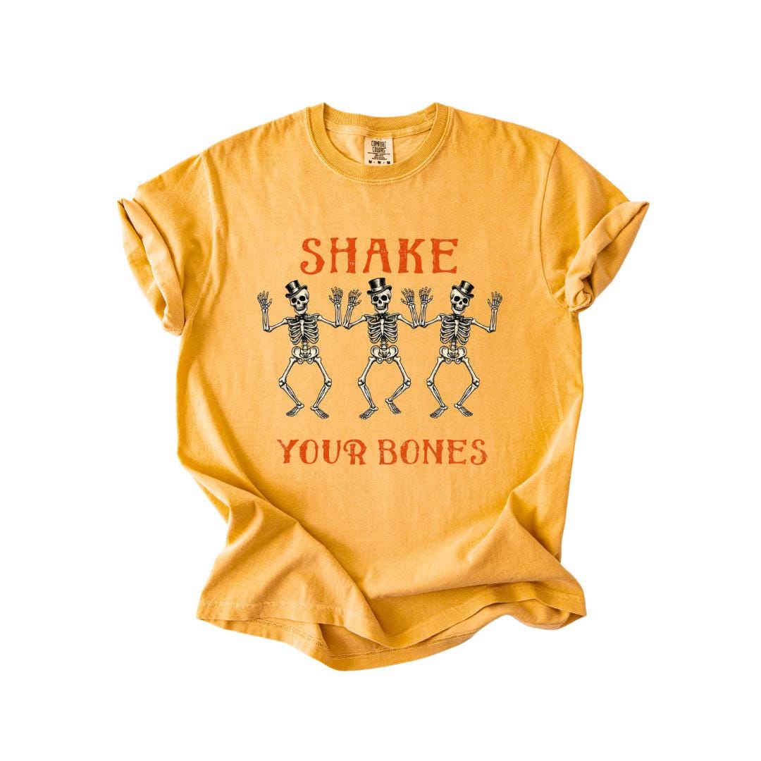 Shake Your Bones Skeleton Halloween T-Shirt Comfort Colors Funny Spooky Season Graphic Tee Fall Outfit Vibes Retro Skeleton Dancing Shirt
