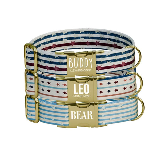 Personalized US Patriotic Dog Collar with Name Engraved Cute & Soft Adjustable Collar Leash Set Unique Star Striped Pet Dog Tag Gift (OG-81)
