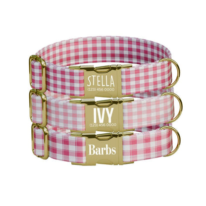 Personalized Pink Checkered Dog Collar with Name Engraved, Cute and Soft Adjustable Collar & Leash Set Black or Gold Buckle Dog Gift (OG-28)