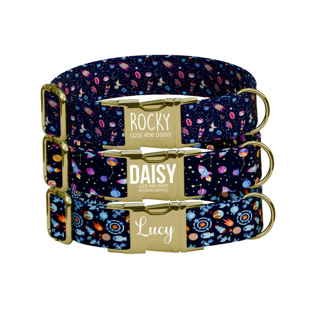 Personalized Space Adventure Dog Collar with Name Engraved Cute & Soft Adjustable Collar Leash Set Unique Astronaut Pet Dog Tag Gift (OG-73)