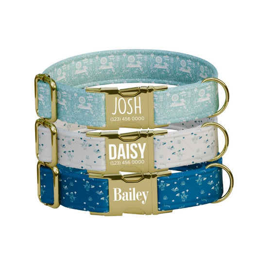 Personalized Blue Storybook Dog Collar with Name Engraved, Cute and Soft Adjustable Collar & Leash Set Black or Gold Buckle Dog Gift (OG-61)