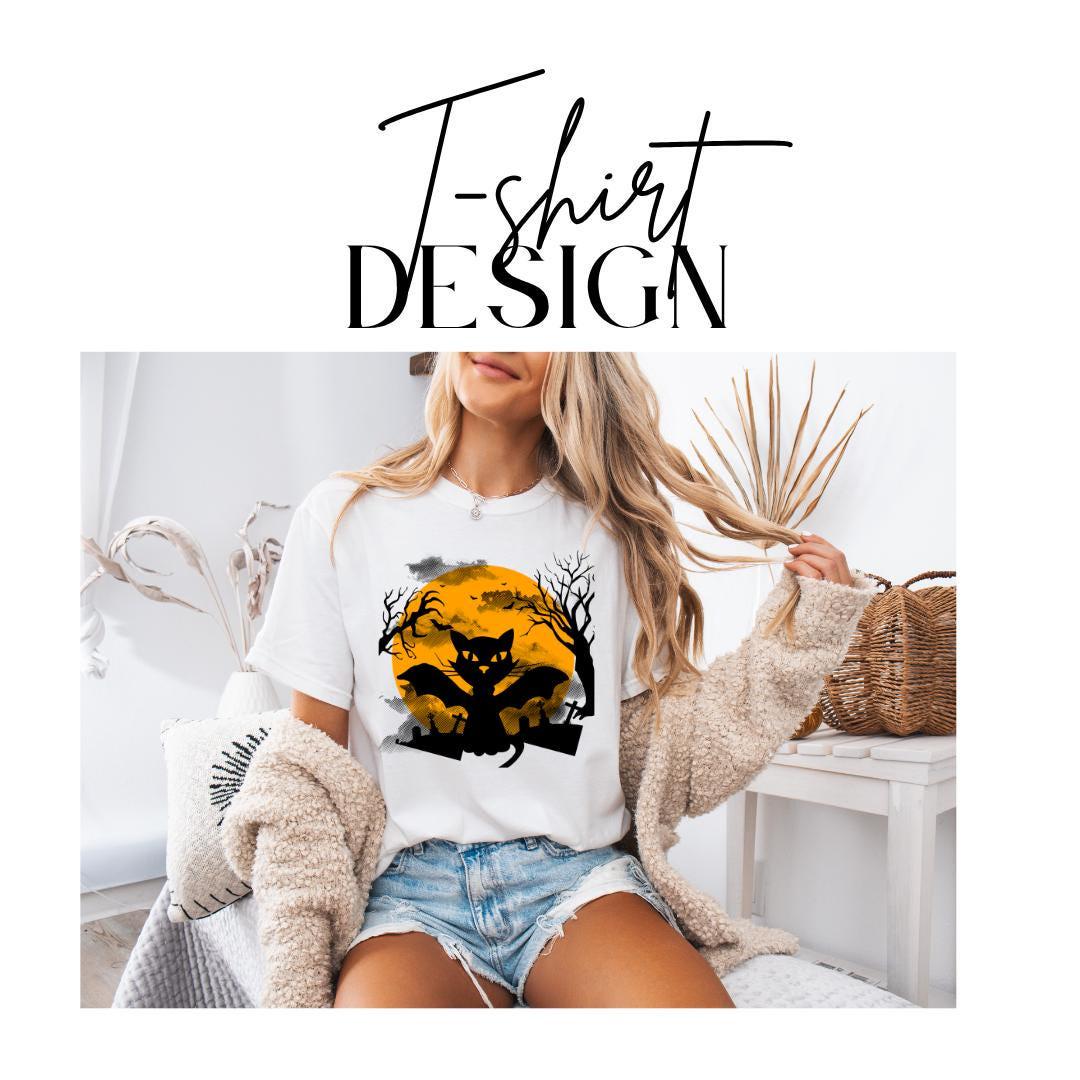 Spooky Cat Bat Halloween T-Shirt Comfort Colors Soft Cozy Fall Outfit Gift for Cat Lover Spooky Moon Fall Clothing Trick or Treat Shirt Gift