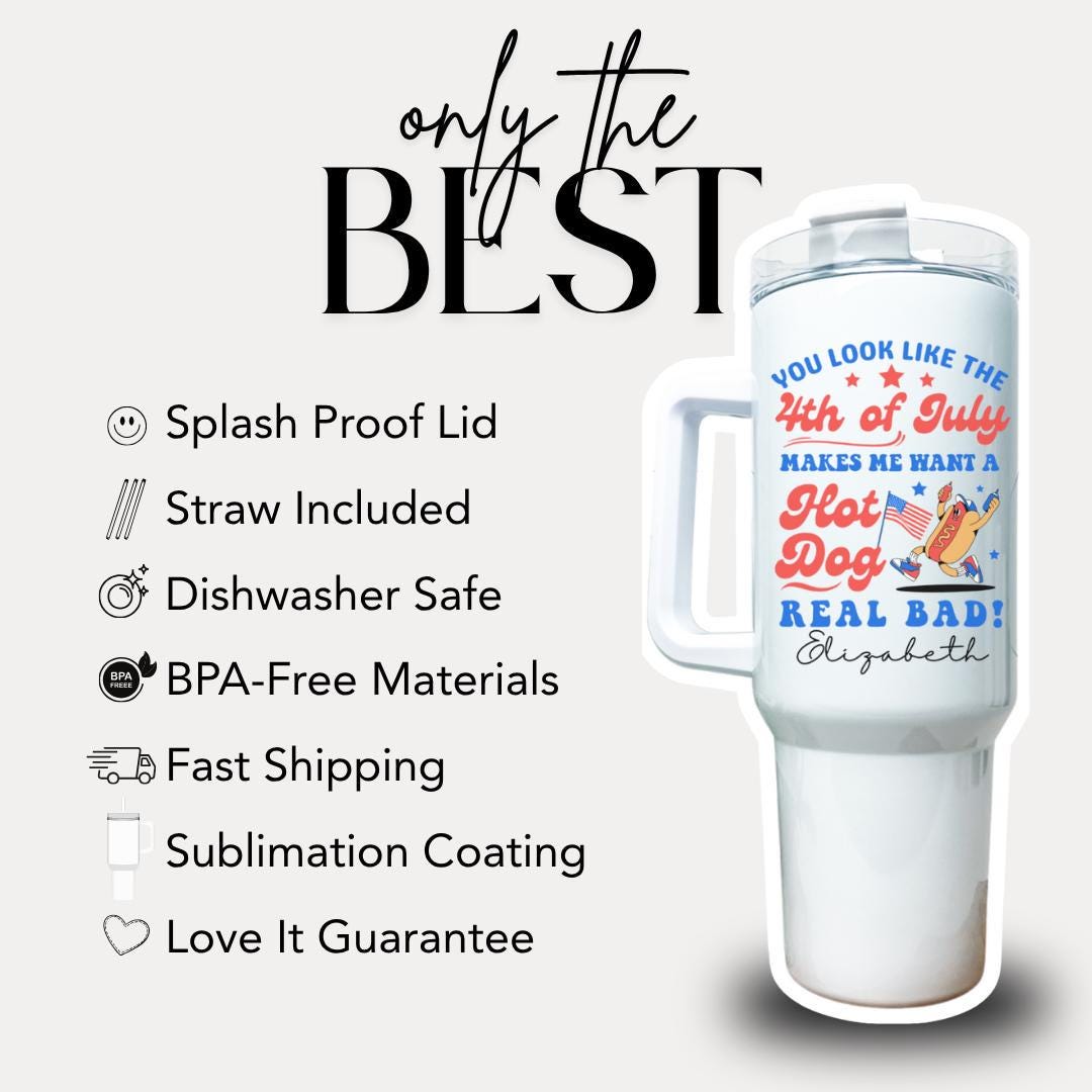 4th of July Hot Dog Personalized Tumbler 40 oz USA Mug w/ Lid & Straw Custom Patriotic Iced Coffee Travel Cup BBQ Mug Perfect Tumbler Gift