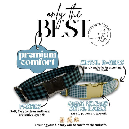 Personalized Luxury Black Gingham Dog Collar with Name Engraved, Cute and Soft Adjustable Collar & Leash Set Gingham Design Dog Gift (OG-56)