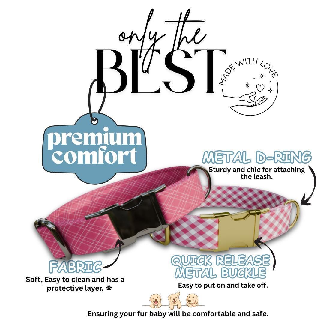 Personalized Pink Checkered Dog Collar with Name Engraved, Cute and Soft Adjustable Collar & Leash Set Black or Gold Buckle Dog Gift (OG-29)