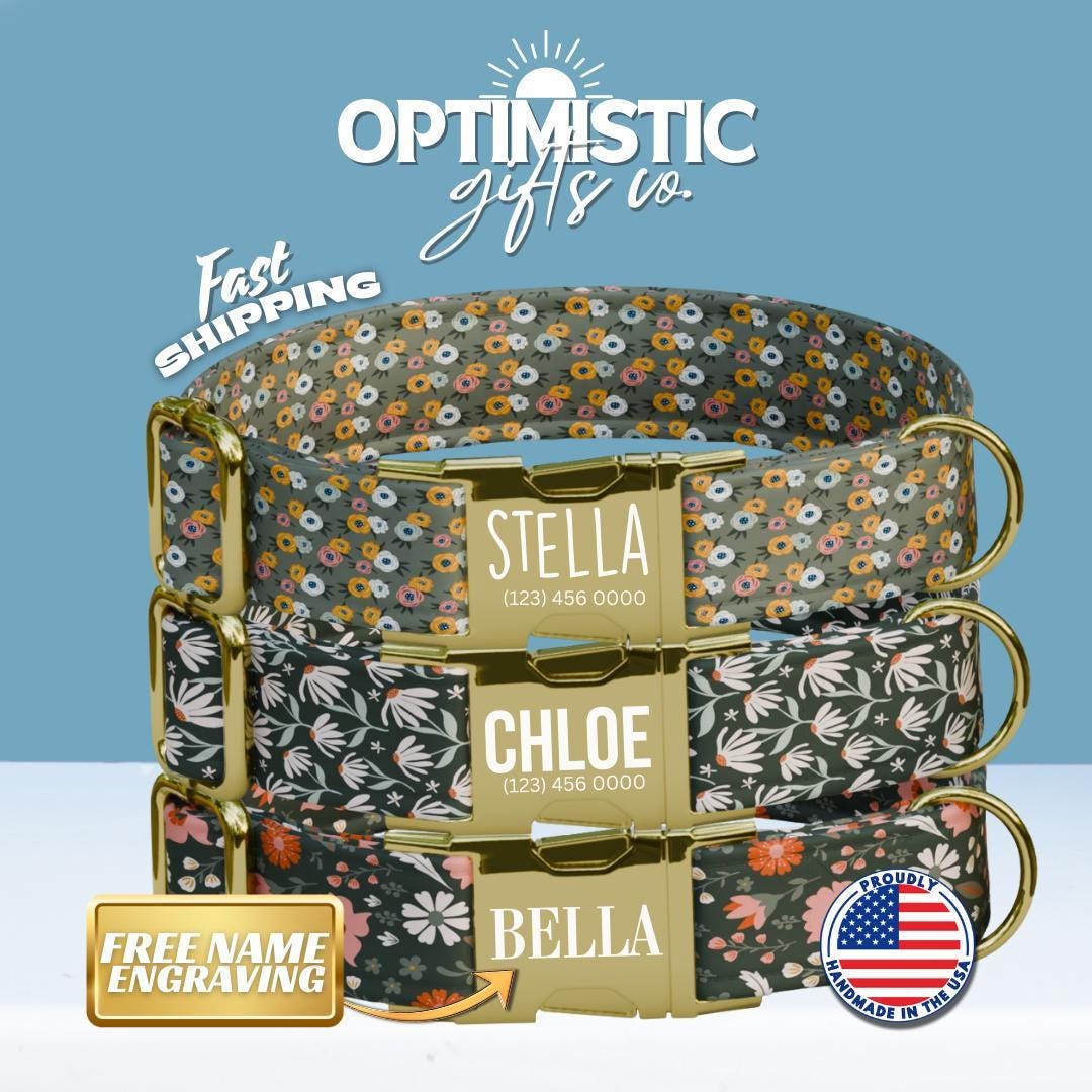 Personalized Green Floral Dog Collar with Name Engraved, Cute and Soft Adjustable Collar & Leash Set, Black or Gold Buckle Dog Gift (OG-17)