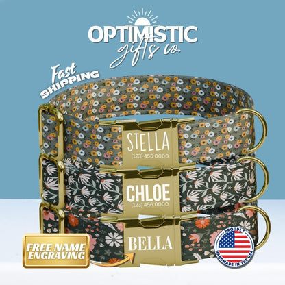 Personalized Green Floral Dog Collar with Name Engraved, Cute and Soft Adjustable Collar & Leash Set, Black or Gold Buckle Dog Gift (OG-17)