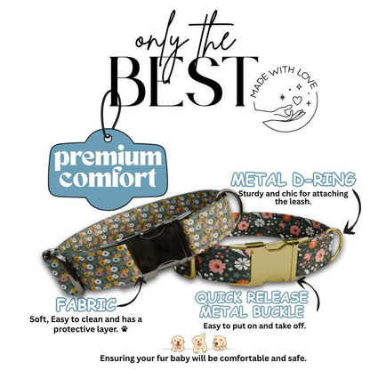 Personalized Green Floral Dog Collar with Name Engraved, Cute and Soft Adjustable Collar & Leash Set, Black or Gold Buckle Dog Gift (OG-17)