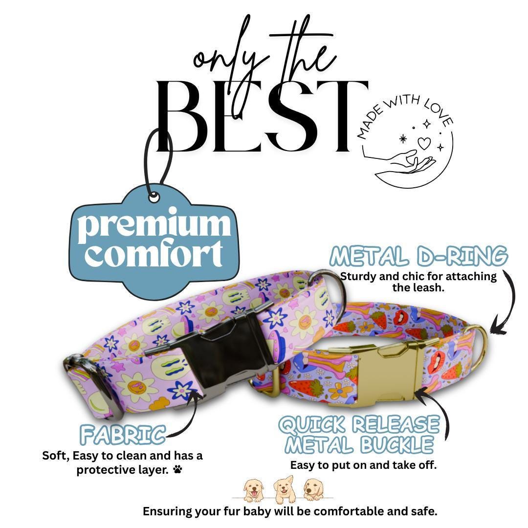 Personalized Retro Groovy Dog Collar with Name Engraved Cute & Soft Adjustable Collar Leash Set, Unique Funky Print Dog Tag Gift (OG-75)