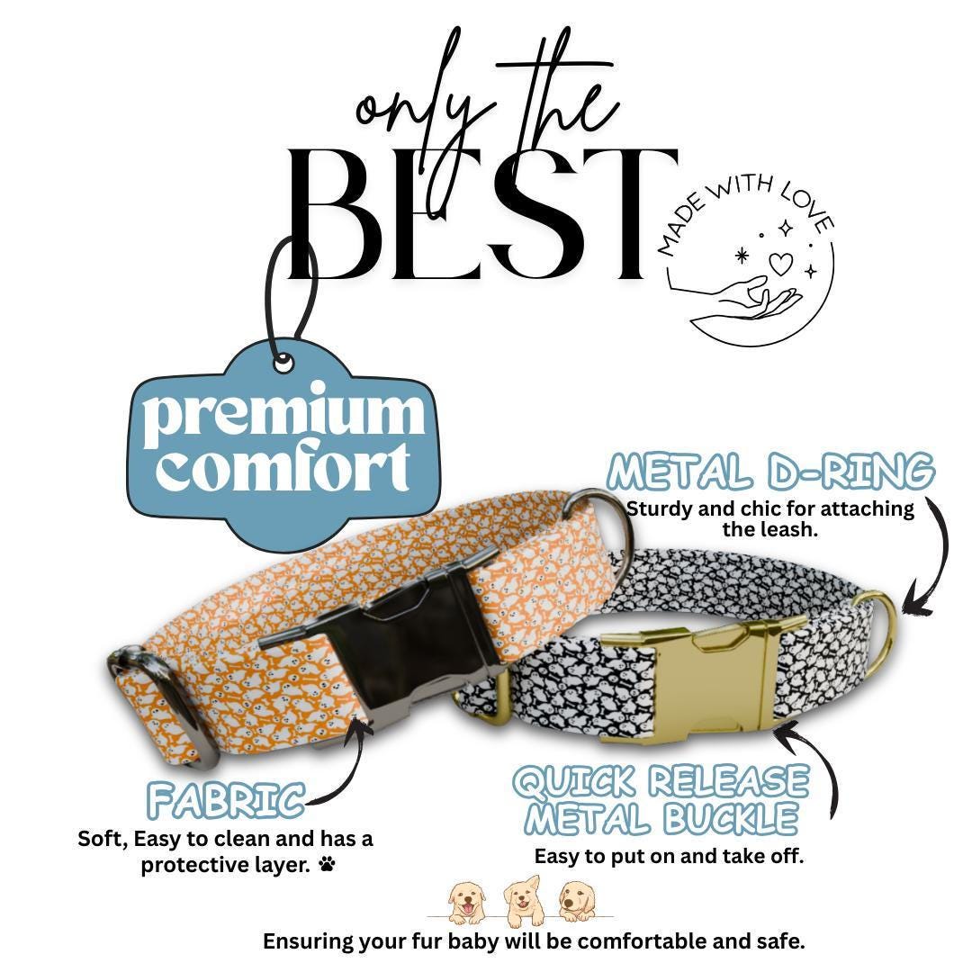 Personalized Halloween Dog Collar with Name Engraved, Cute and Soft Adjustable Fall Collar & Leash Set Black or Gold Buckle Dog Gift (OG-39)