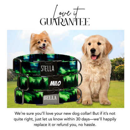 Personalized Aurora Fest Dog Collar with Name Engraved, Cute and Soft Adjustable Collar & Leash Set, Northern Lights Design Dog Gift (OG-57)