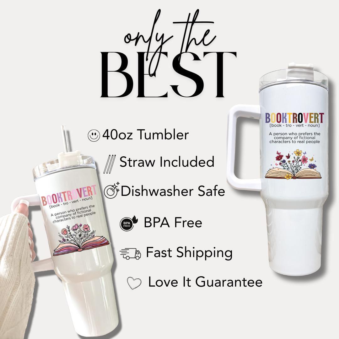 Booktrovert 40oz Tumbler Book Lover Cup with Straw & Handle Gift for Book Lovers Bookish Gift Idea Cute Reading Travel Mug for Bookworms