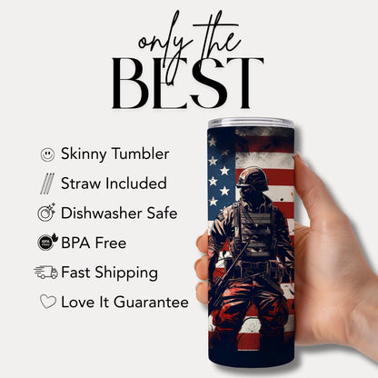 US Patriotic Soldier Tumbler 20oz Skinny Tumbler American Flag Military Gift Military Soldier Tumbler Patriotic Gift for Military Men Women