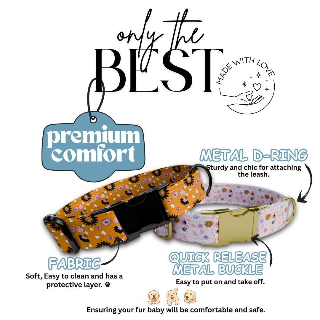 Personalized Floral Dog Collar with Name Engraved Cute and Soft Floral Adjustable Collar & Leash Set Black or Gold Buckle Dog Gift (OG-148)