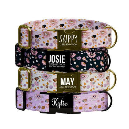 Personalized Floral Dog Collar with Name Engraved Cute and Soft Floral Adjustable Collar & Leash Set Black or Gold Buckle Dog Gift (OG-149)