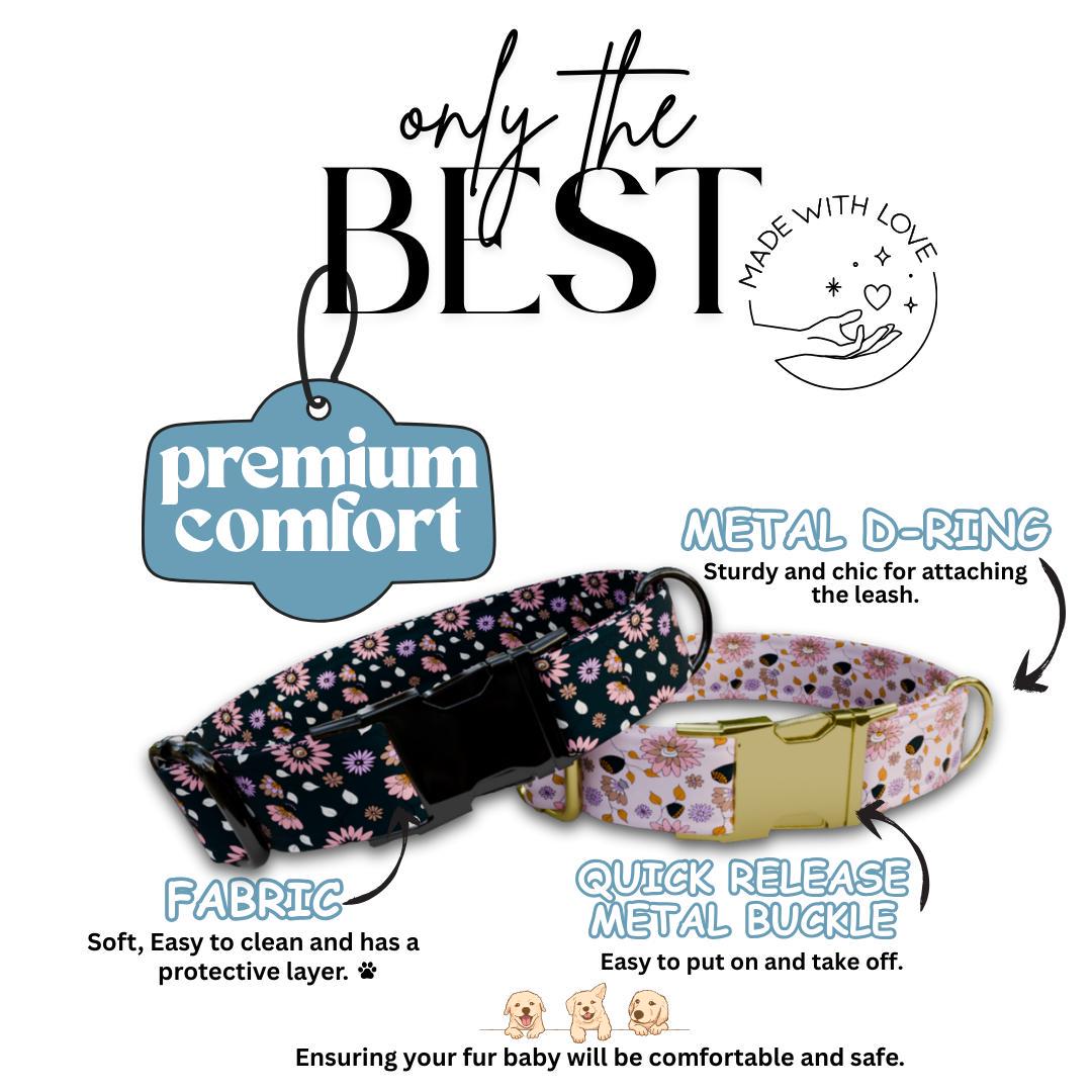 Personalized Floral Dog Collar with Name Engraved Cute and Soft Floral Adjustable Collar & Leash Set Black or Gold Buckle Dog Gift (OG-149)