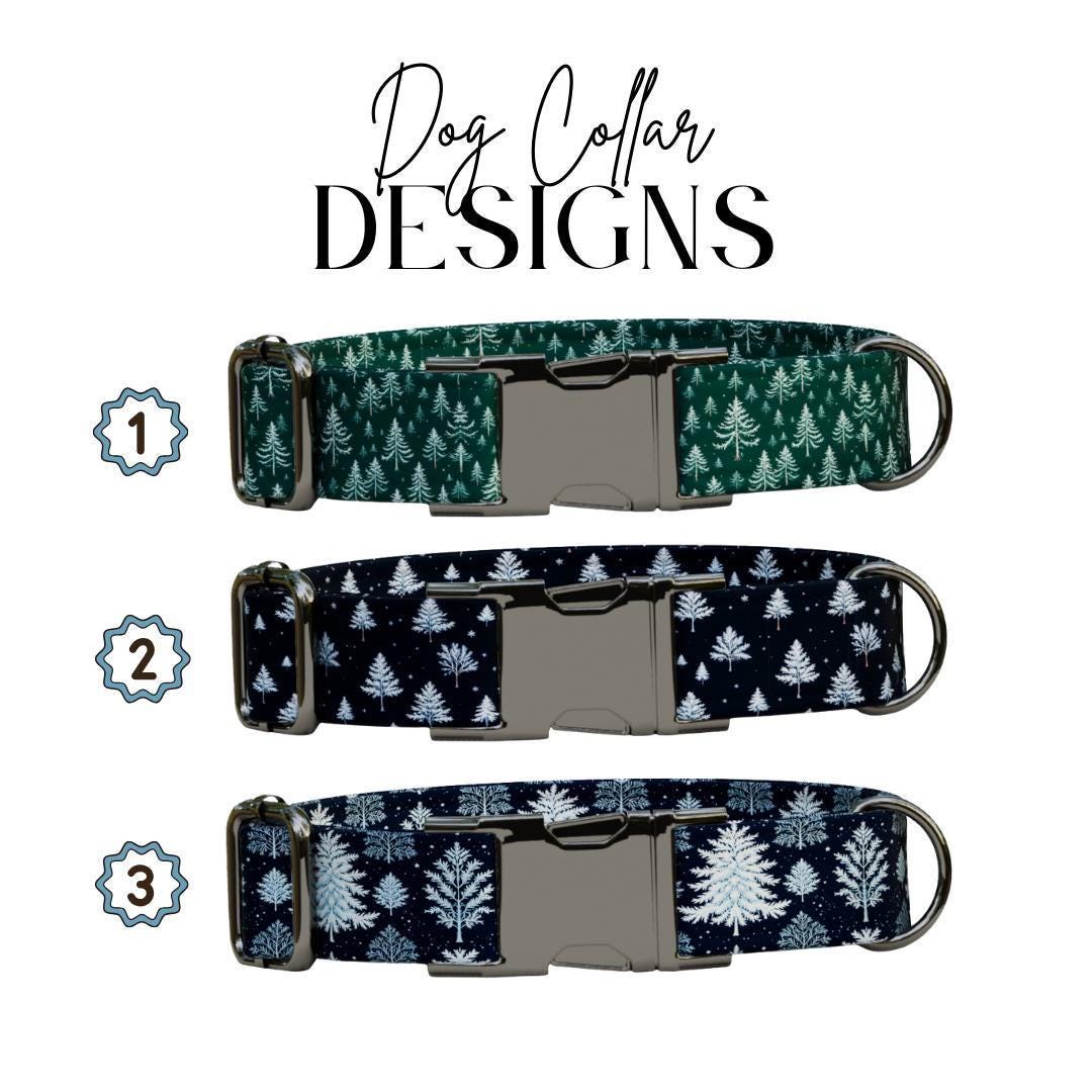 Personalized Winter Pines Dog Collar with Name Engraved, Cute and Soft Adjustable Collar & Leash Set, Forest Tree Design, Dog Gift (OG-58)