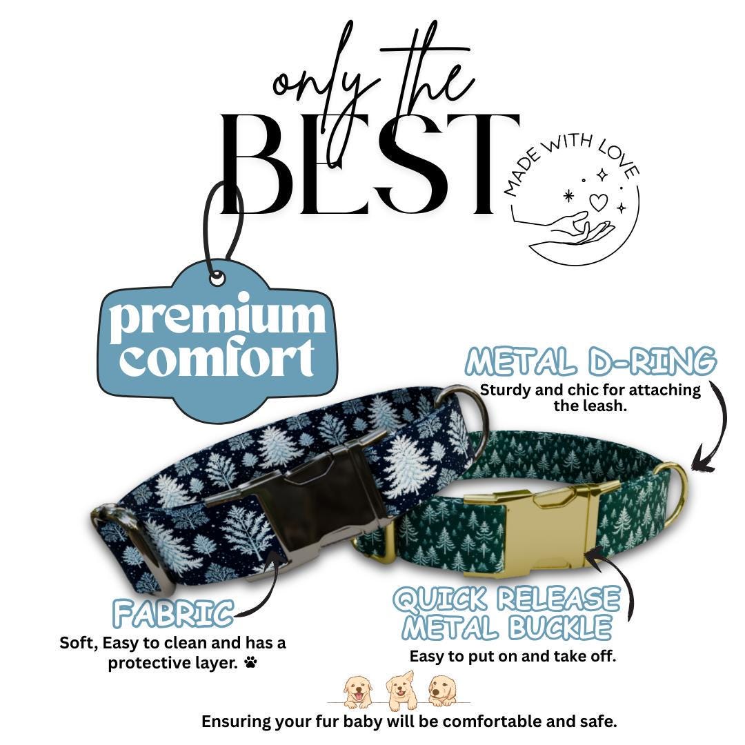 Personalized Winter Pines Dog Collar with Name Engraved, Cute and Soft Adjustable Collar & Leash Set, Forest Tree Design, Dog Gift (OG-58)