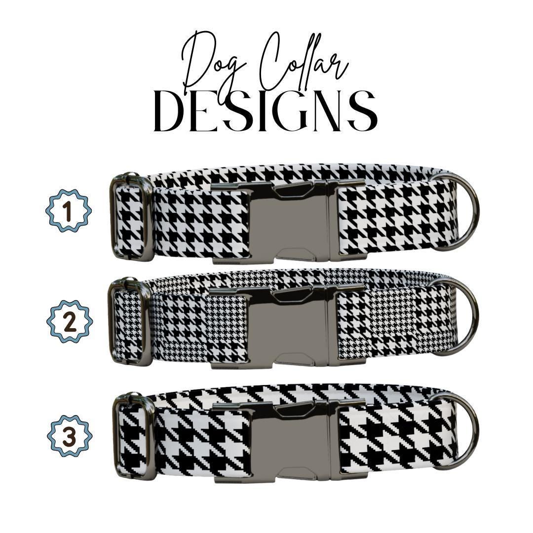 Personalized Houndstooth Dog Collar with Name Engraved, Cute and Soft Adjustable Collar & Leash Set, Black or Gold Buckle Dog Gift (OG-97)