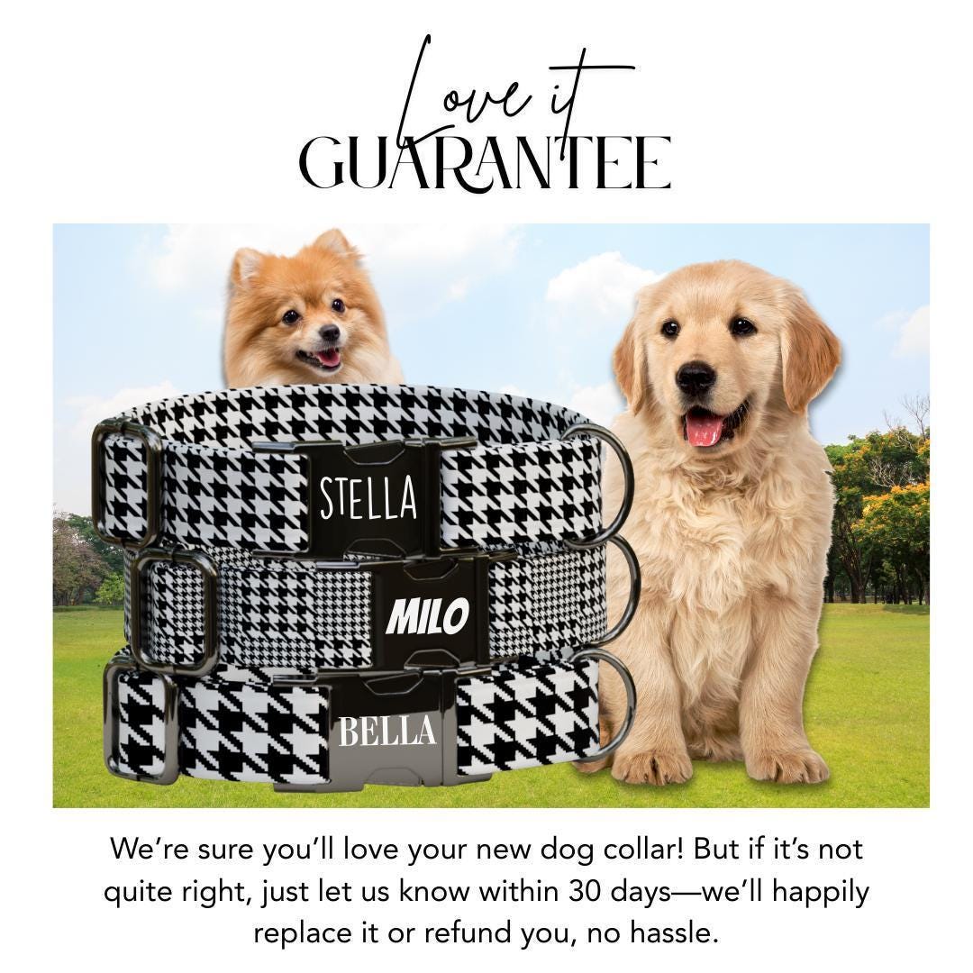 Personalized Houndstooth Dog Collar with Name Engraved, Cute and Soft Adjustable Collar & Leash Set, Black or Gold Buckle Dog Gift (OG-97)
