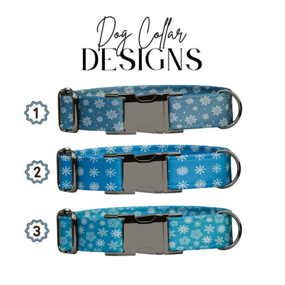 Personalized Blue Snowflakes Dog Collar with Name Engraved Cute and Soft Adjustable Collar & Leash Set Black or Gold Buckle Dog Gift (OG-06)