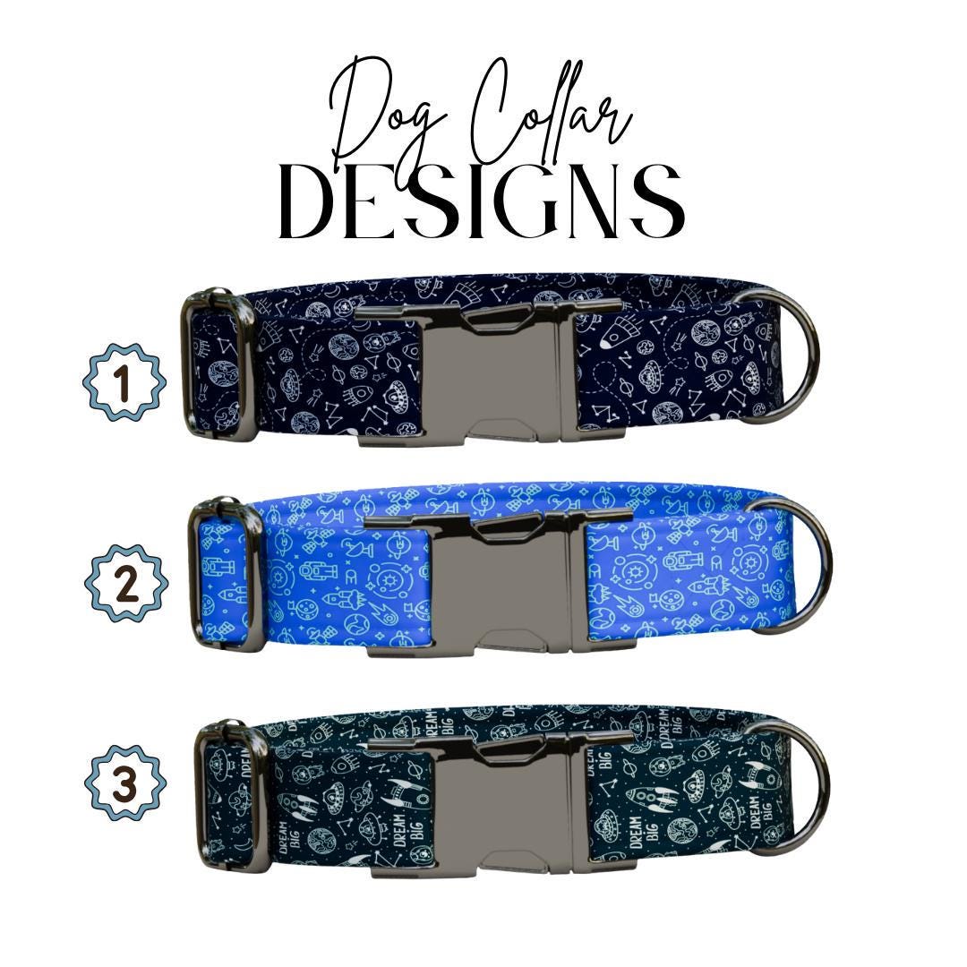 Personalized Space Rockets Dog Collar with Name Engraved Cute & Soft Adjustable Collar Leash Set Unique Astronaut Pet Dog Tag Gift (OG-76)