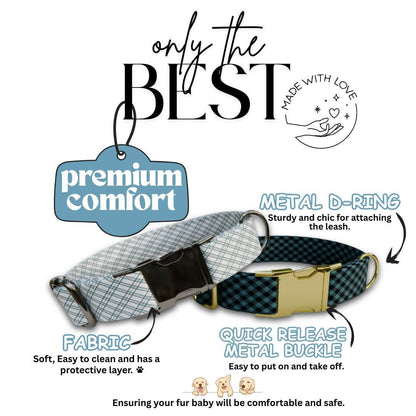 Personalized Gingham Fabric Dog Collar with Name Engraved, Cute and Soft Adjustable Collar & Leash Set Black or Gold Buckle Dog Gift (OG-55)