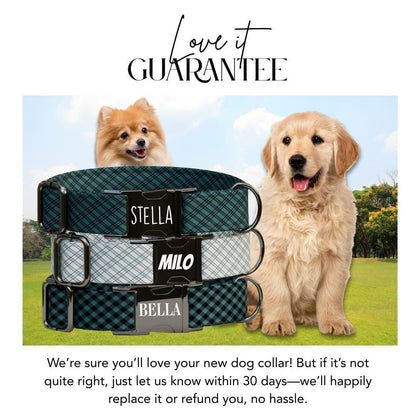 Personalized Gingham Fabric Dog Collar with Name Engraved, Cute and Soft Adjustable Collar & Leash Set Black or Gold Buckle Dog Gift (OG-55)