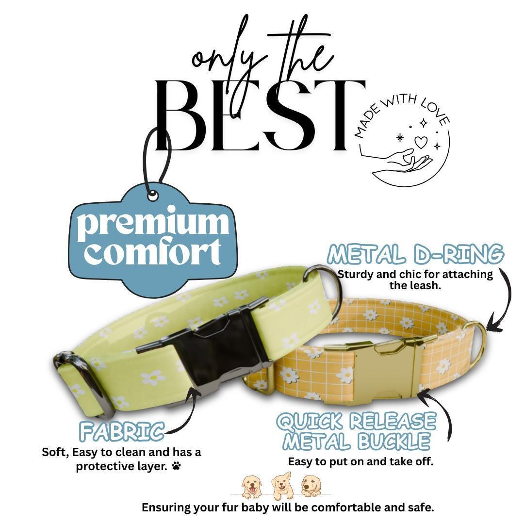 Personalized Daisy Floral Dog Collar with Name Engraved Cute & Soft Adjustable Collar Leash Set Unique Daisy Floral Pet Dog Tag Gift (OG-72)