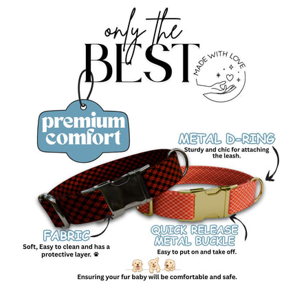 Personalized Autumn Check Dog Collar with Name Engraved, Cute and Soft Adjustable Collar & Leash Set, Black or Gold Buckle Dog Gift (OG-60)