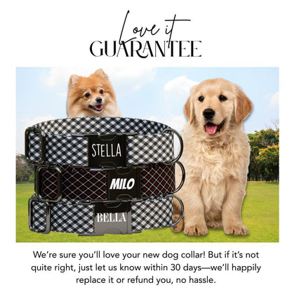 Personalized Chic Pup Plaid Dog Collar with Name Engraved, Cute and Soft Adjustable Collar & Leash Set Black or Gold Buckle Dog Gift (OG-41)