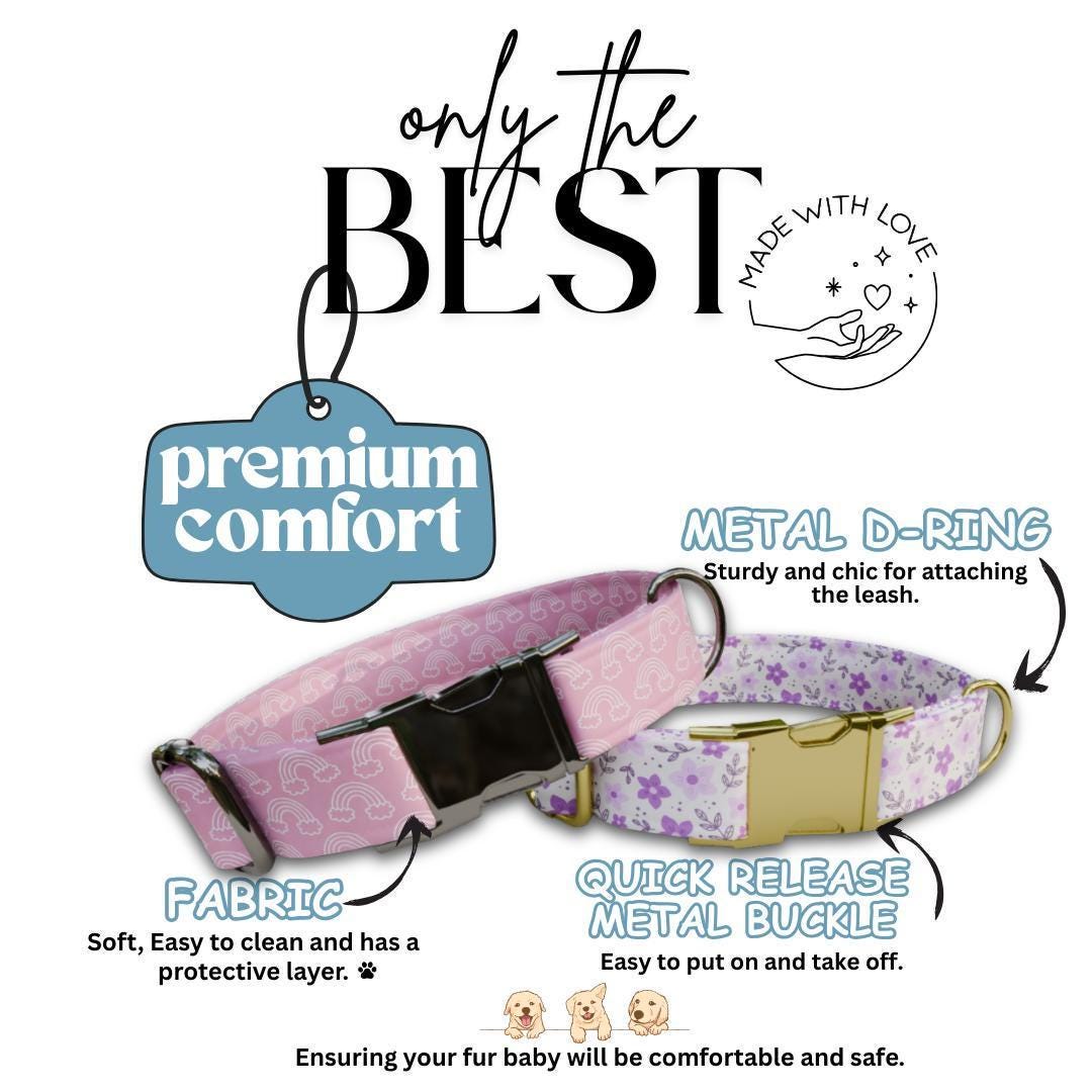 Personalized Floral and Rainbow Dog Collar with Name Engraved Cute & Soft Adjustable Collar Leash Set Unique Pastel Pet Dog Tag Gift (OG-80)