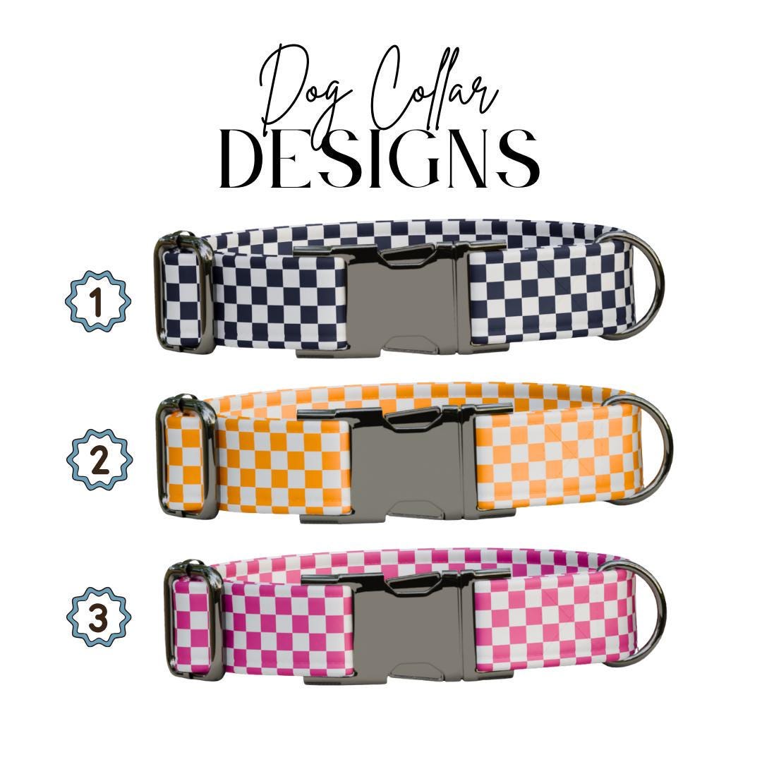 Personalized Checkered Flag Dog Collar with Name Engraved Cute and Soft Adjustable Collar & Leash Set Black or Gold Buckle Dog Gift (OG-90)