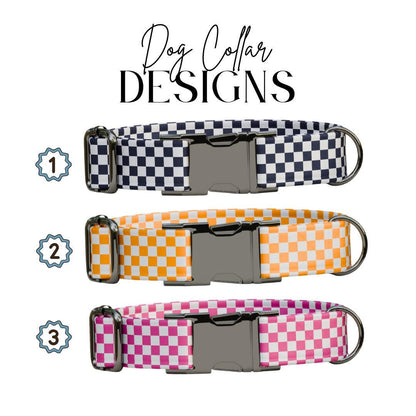 Personalized Checkered Flag Dog Collar with Name Engraved Cute and Soft Adjustable Collar & Leash Set Black or Gold Buckle Dog Gift (OG-90)