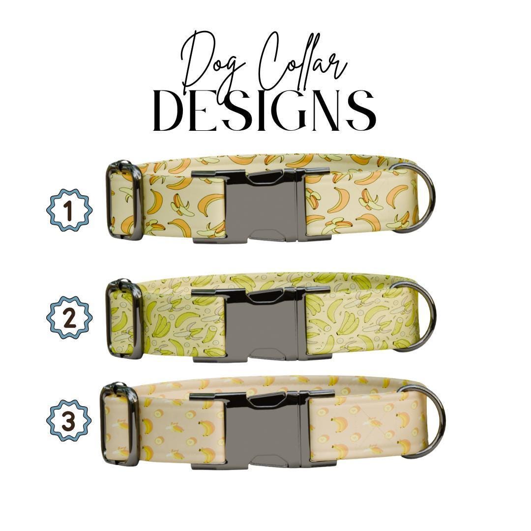 Personalized Banana Dog Collar with Name Engraved Cute & Soft Banana Adjustable Collar Leash Set Unique Fun Fruit Print Dog Tag Gift (OG-70)