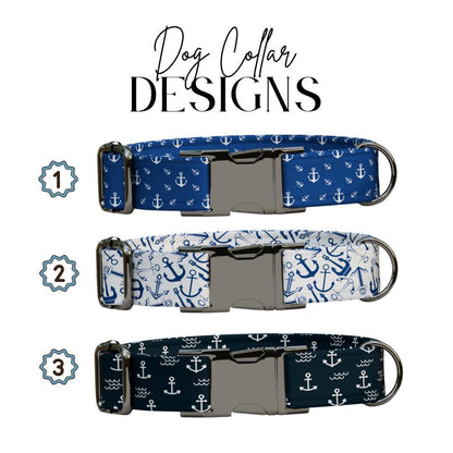 Personalized Nautical Dog Collar with Name Engraved Cute and Soft Anchor Adjustable Collar & Leash Set Black / Gold Buckle Dog Gift (OG-105)