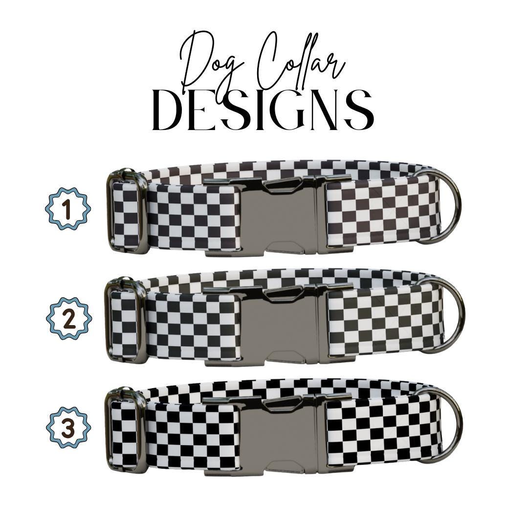 Personalized Checkered Flag Dog Collar with Name Engraved Cute and Soft Adjustable Collar & Leash Set Black or Gold Buckle Dog Gift (OG-42)