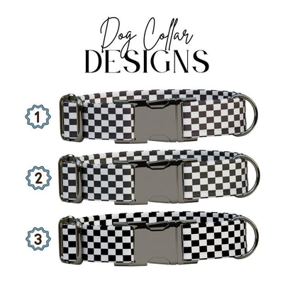 Personalized Checkered Flag Dog Collar with Name Engraved Cute and Soft Adjustable Collar & Leash Set Black or Gold Buckle Dog Gift (OG-42)