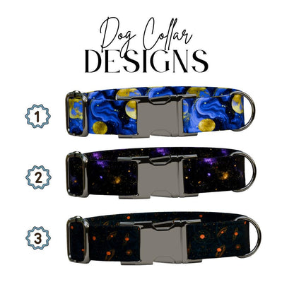 Personalized Galaxy Moon Dog Collar with Name Engraved, Cute and Soft Adjustable Collar & Leash Set, Black or Gold Buckle Dog Gift (OG-92)