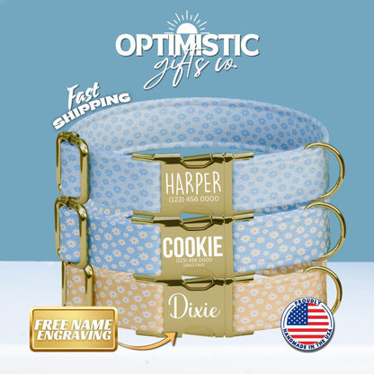 Personalized Daisy Flowers Dog Collar with Name Engraved Cute & Soft Adjustable Collar Leash Set Unique Daisy Flowers Dog Tag Gift (OG-78)